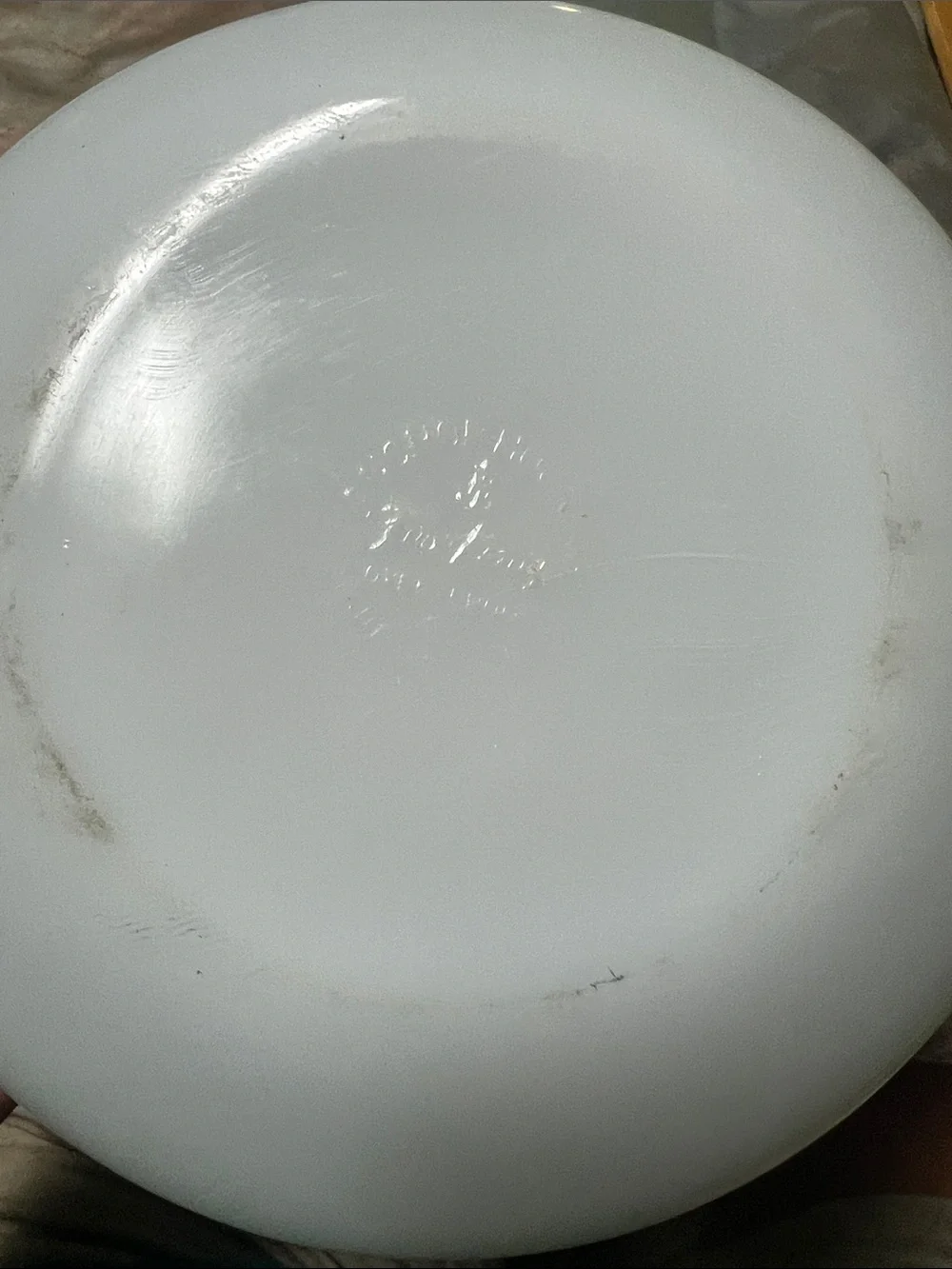 Vintage White Glass Serving Bowl with Green Floral Pattern